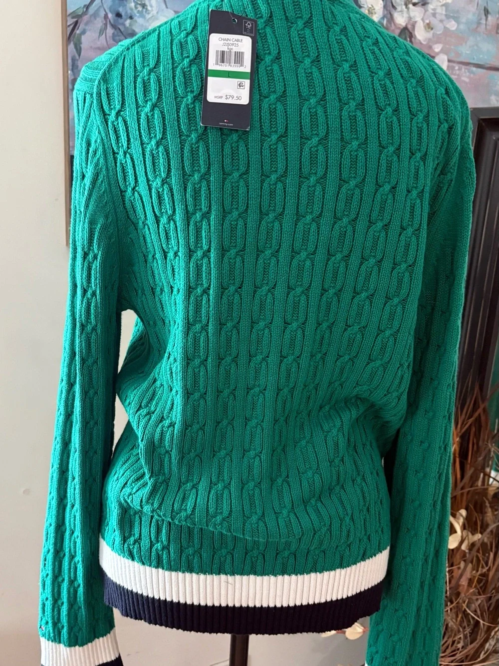 Tommy Hilfiger Green Cable Knit Crewneck Sweater with Striped Hem